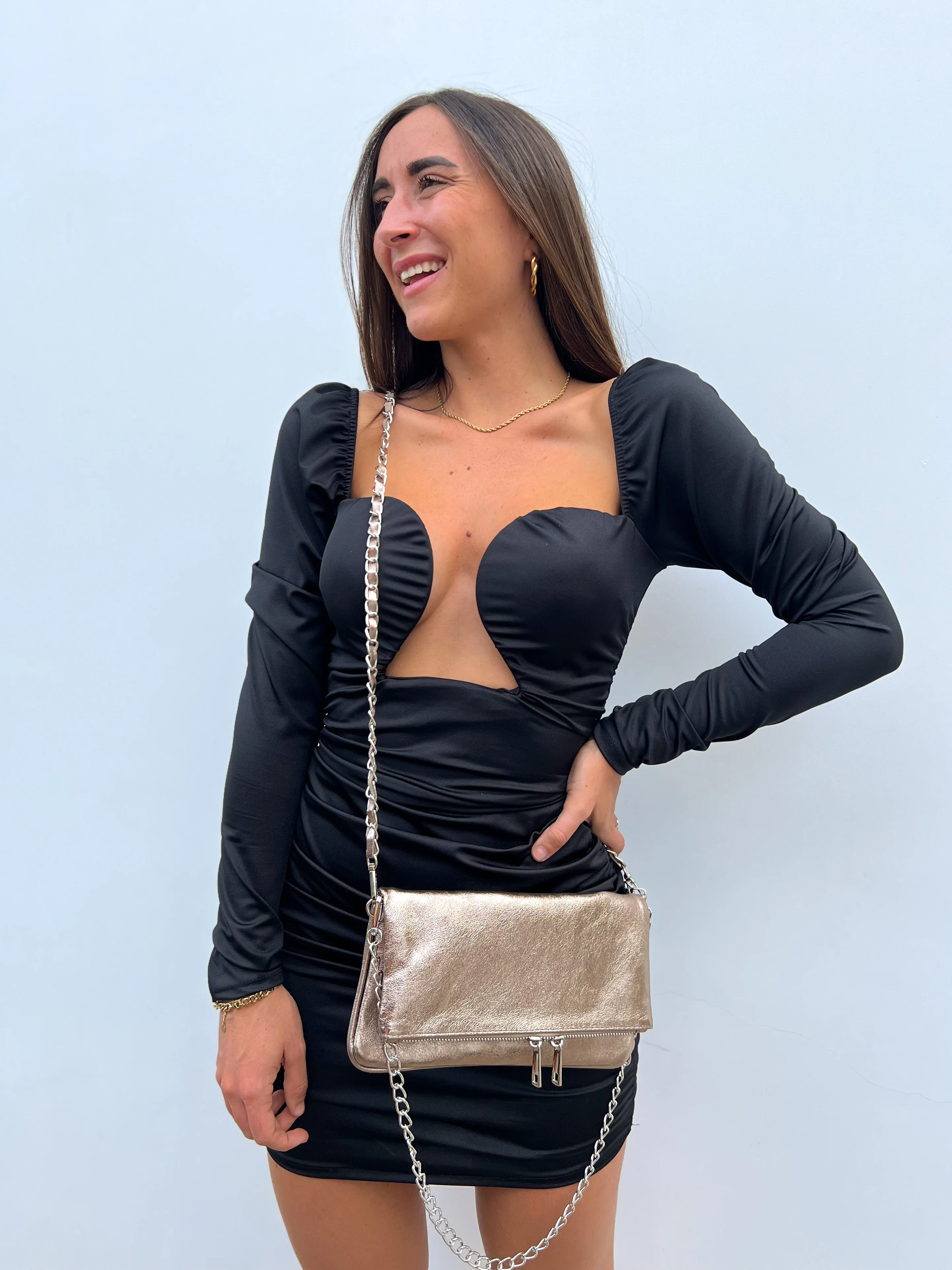 Bolso piel cadenas bronce - Image 3