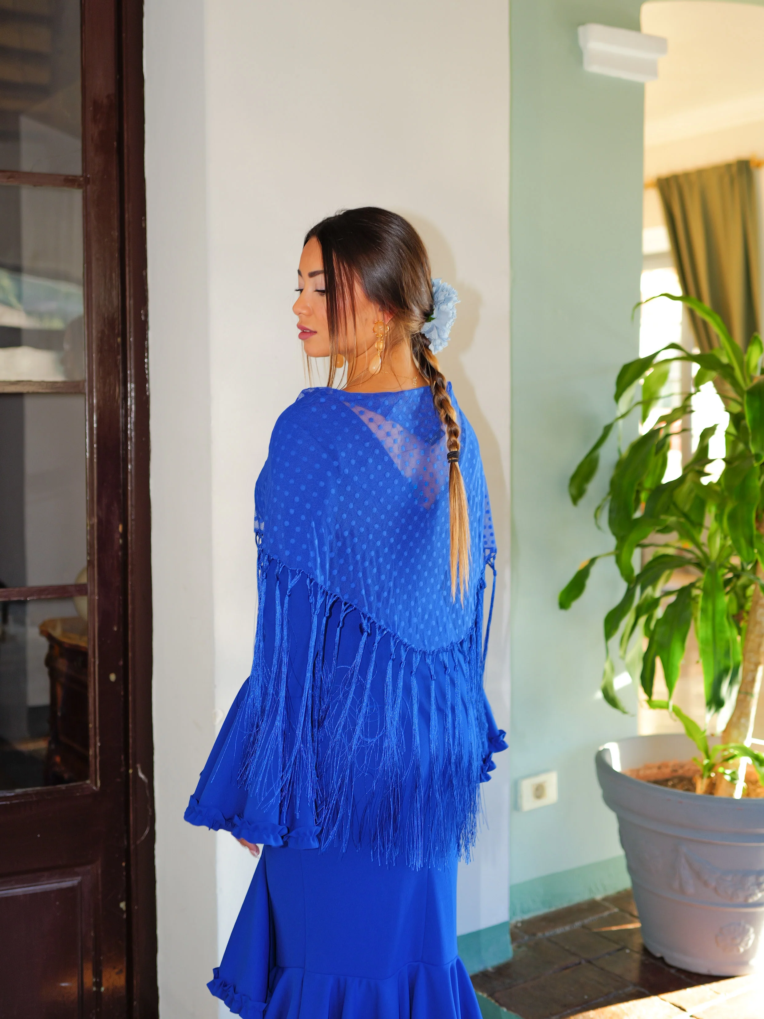 Mantón flamenca topos azul
