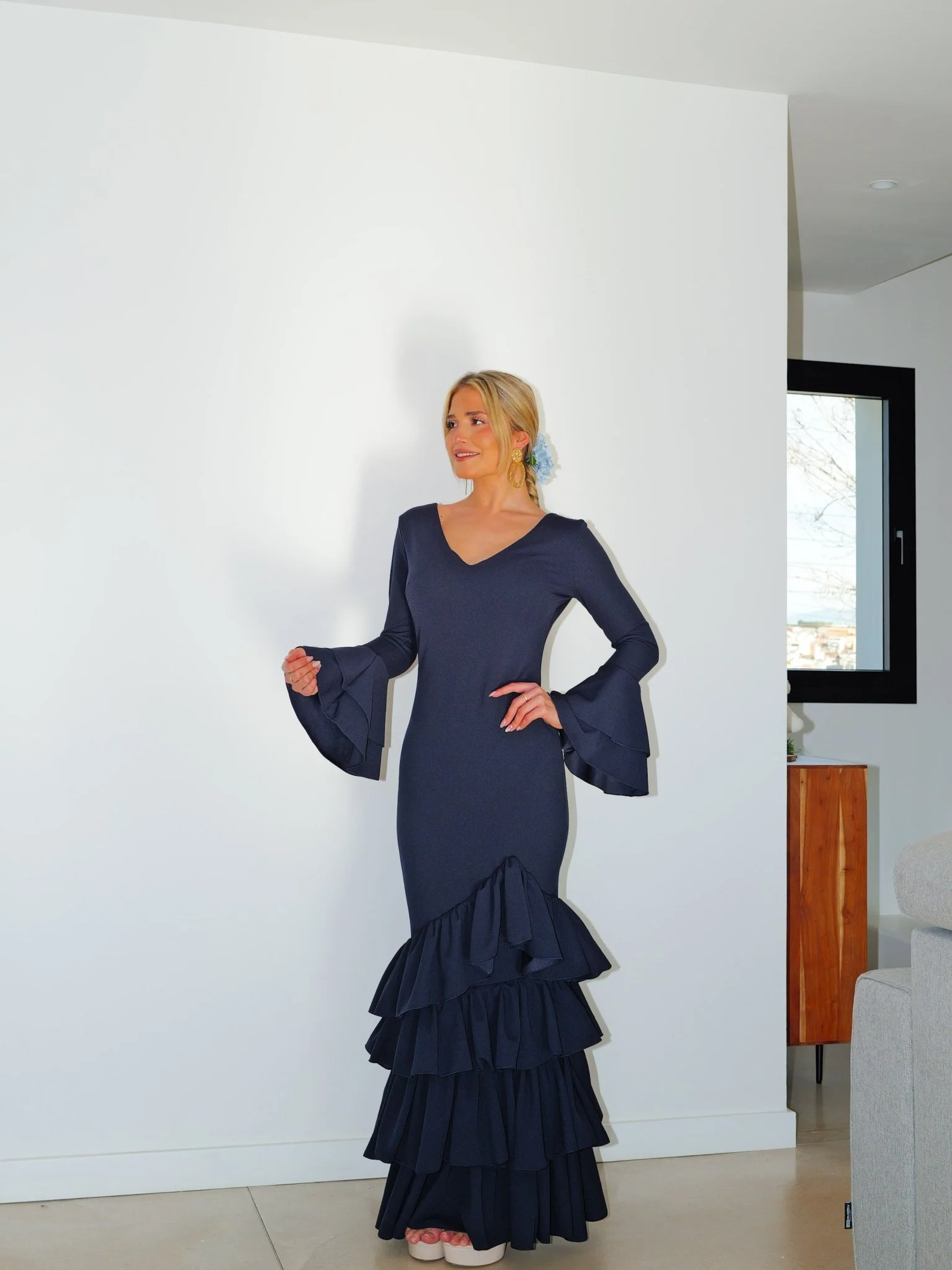 Traje flamenca asimetrico volantes marino