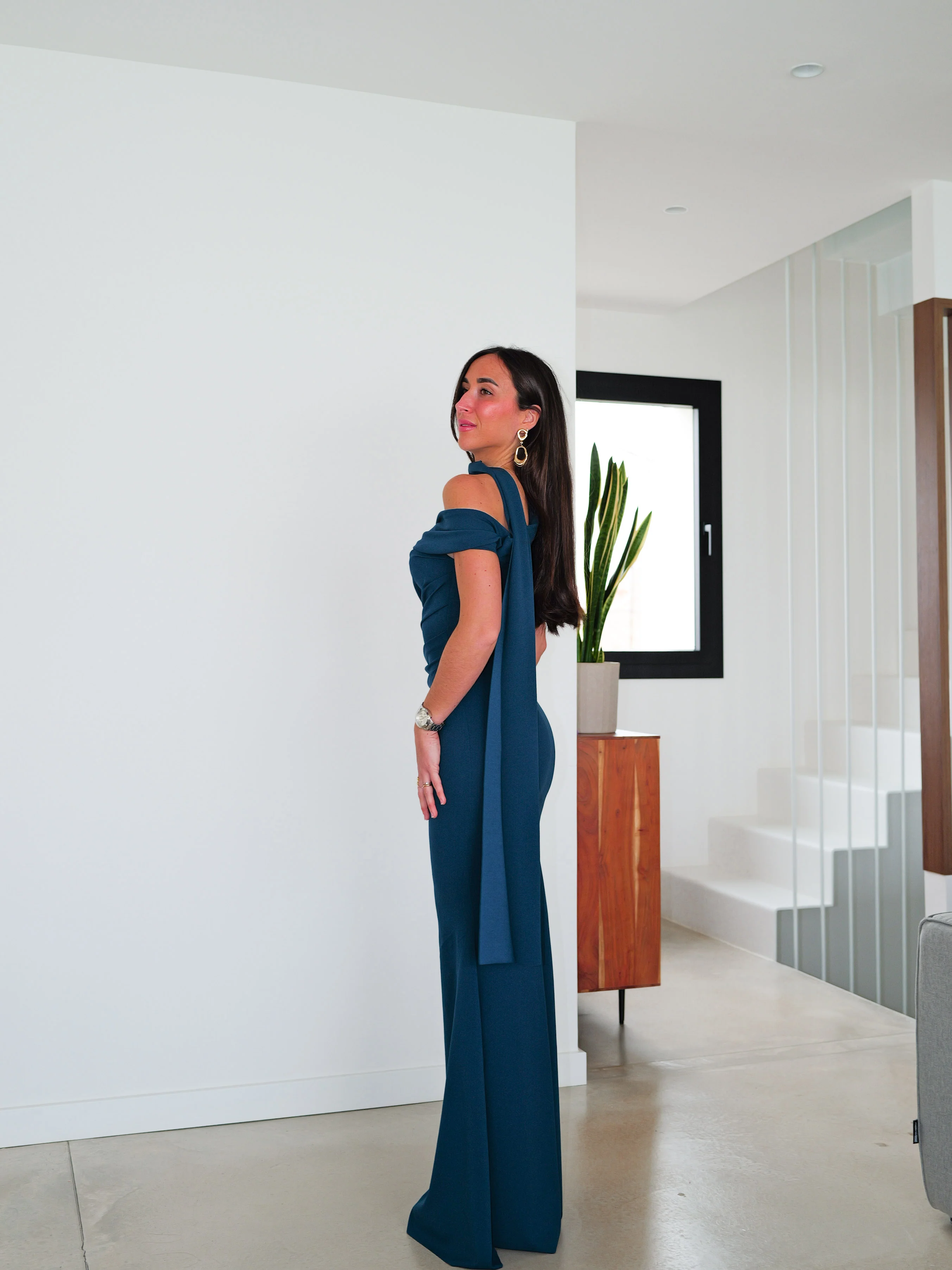 Vestido choker frunce asimétrico petróleo - Image 3