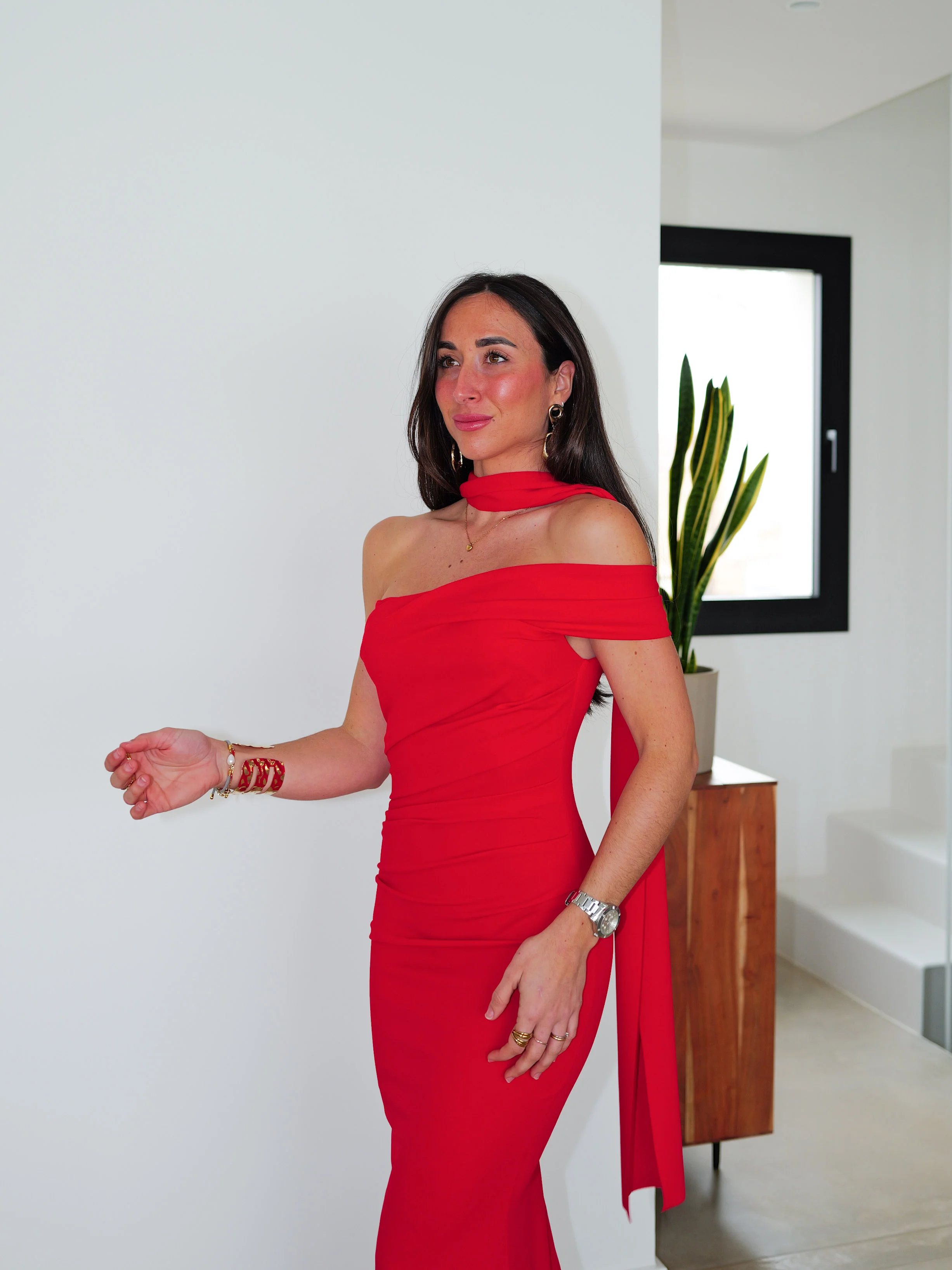 Vestido choker frunce asimétrico rojo - Image 8