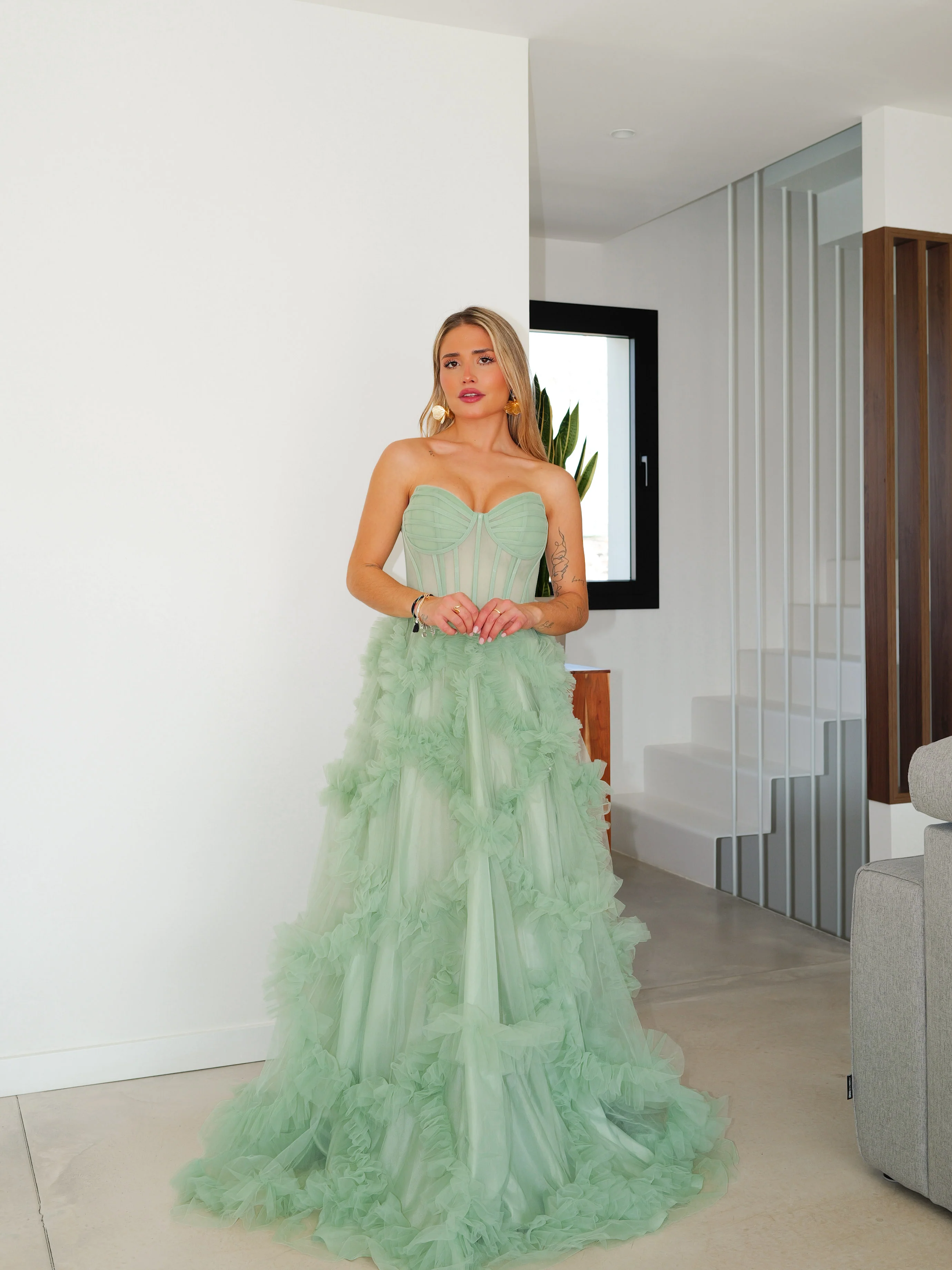 Vestido corsé palabra gasa volantes menta - Image 6