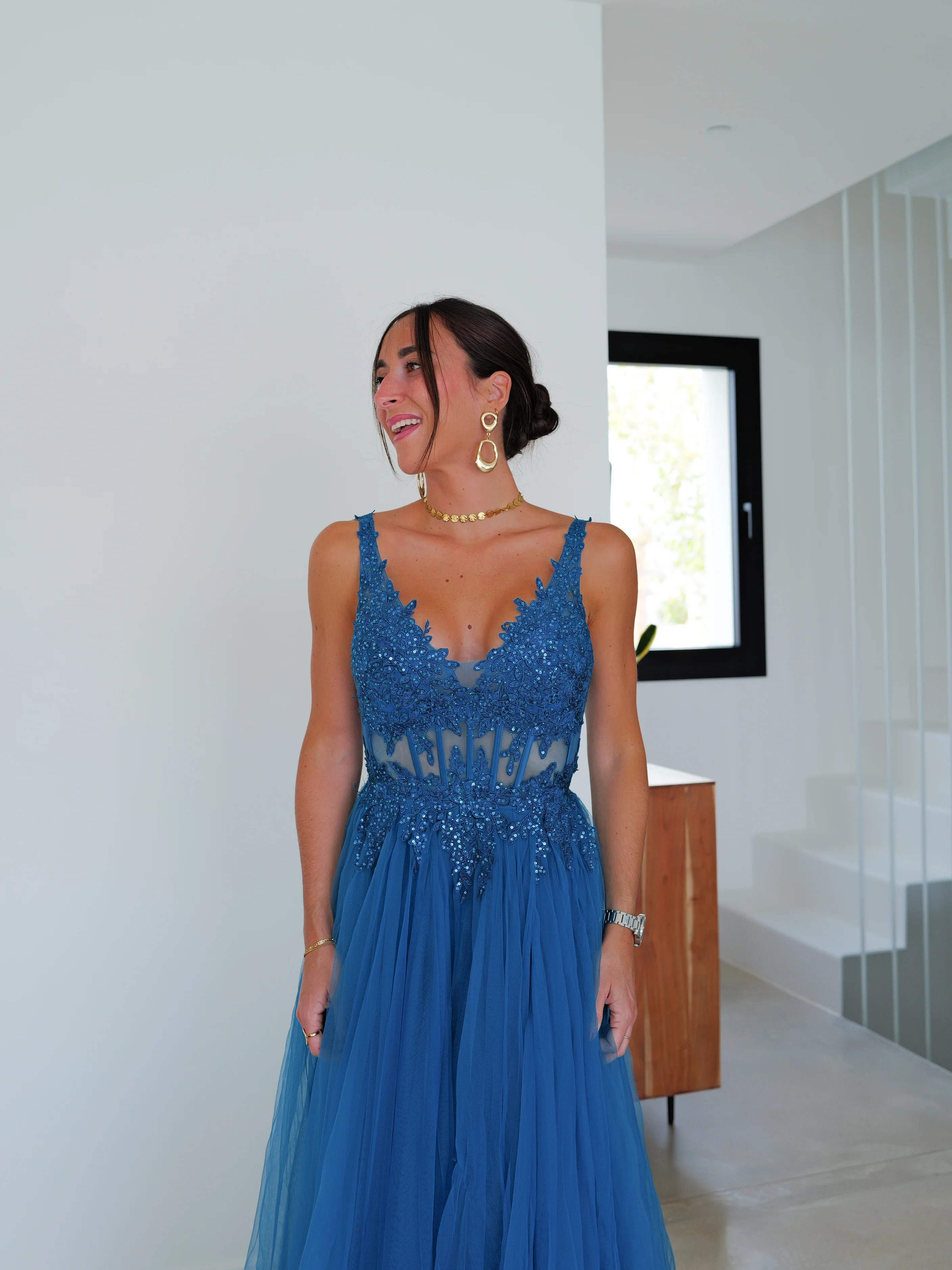 Vestido corsé pico tulle petroleo - Image 2