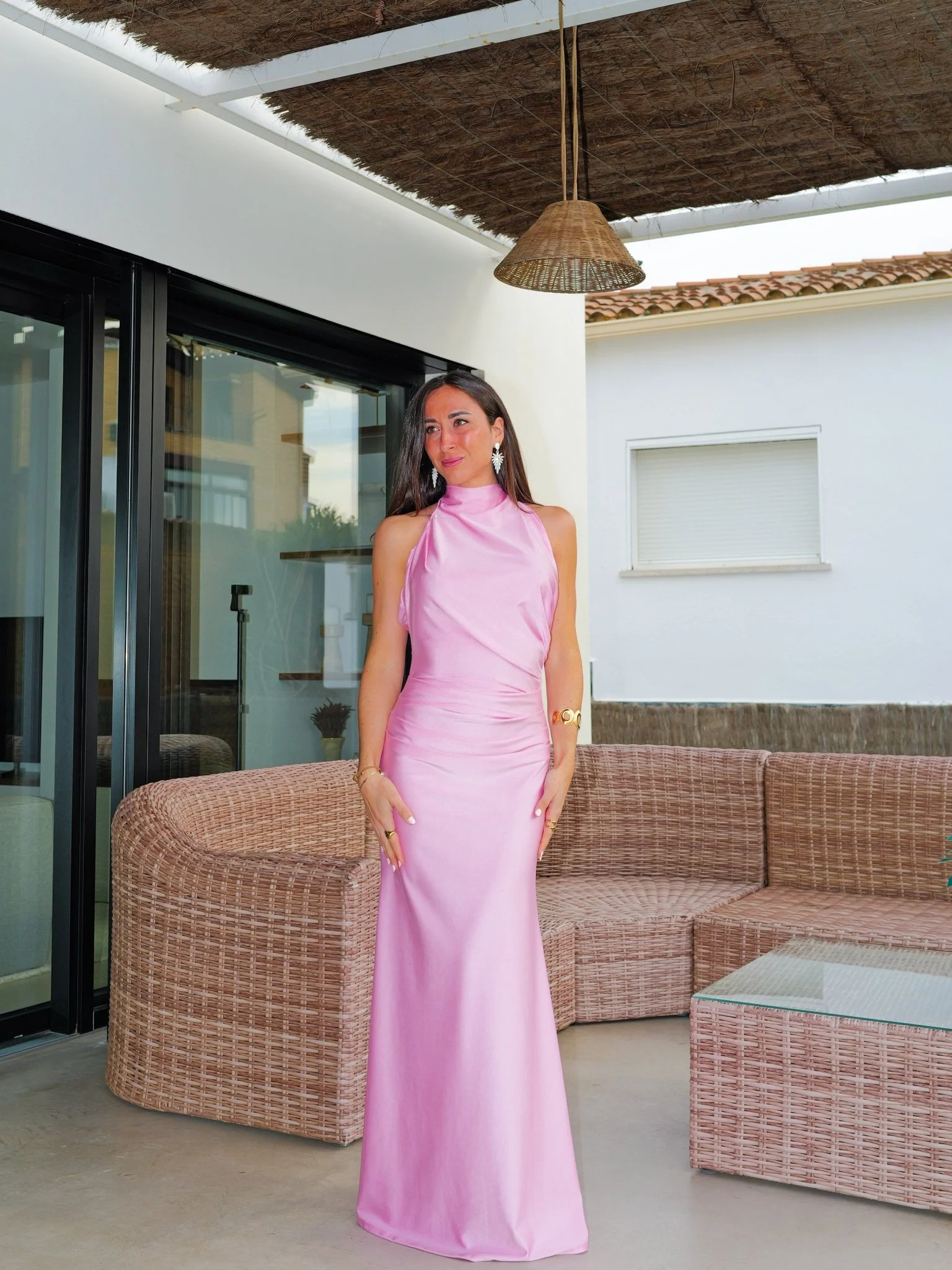 Vestido halter fruncido espalda rosa - Image 6