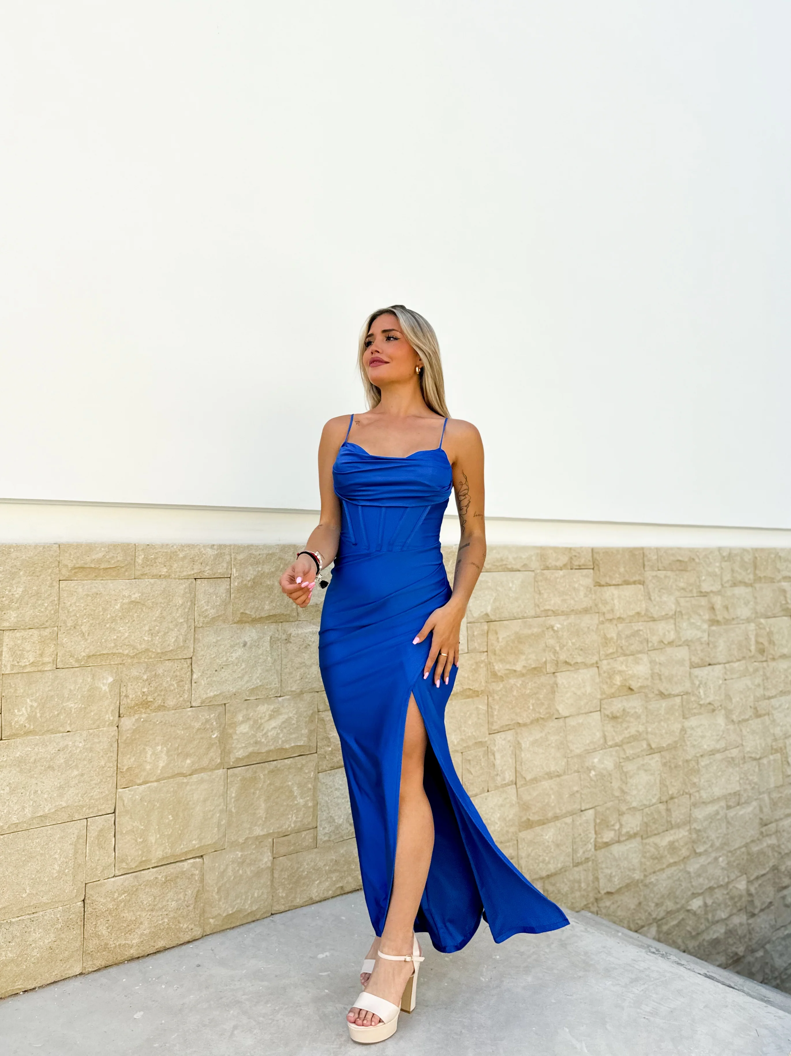 Vestido largo corse satinado azul - Image 2
