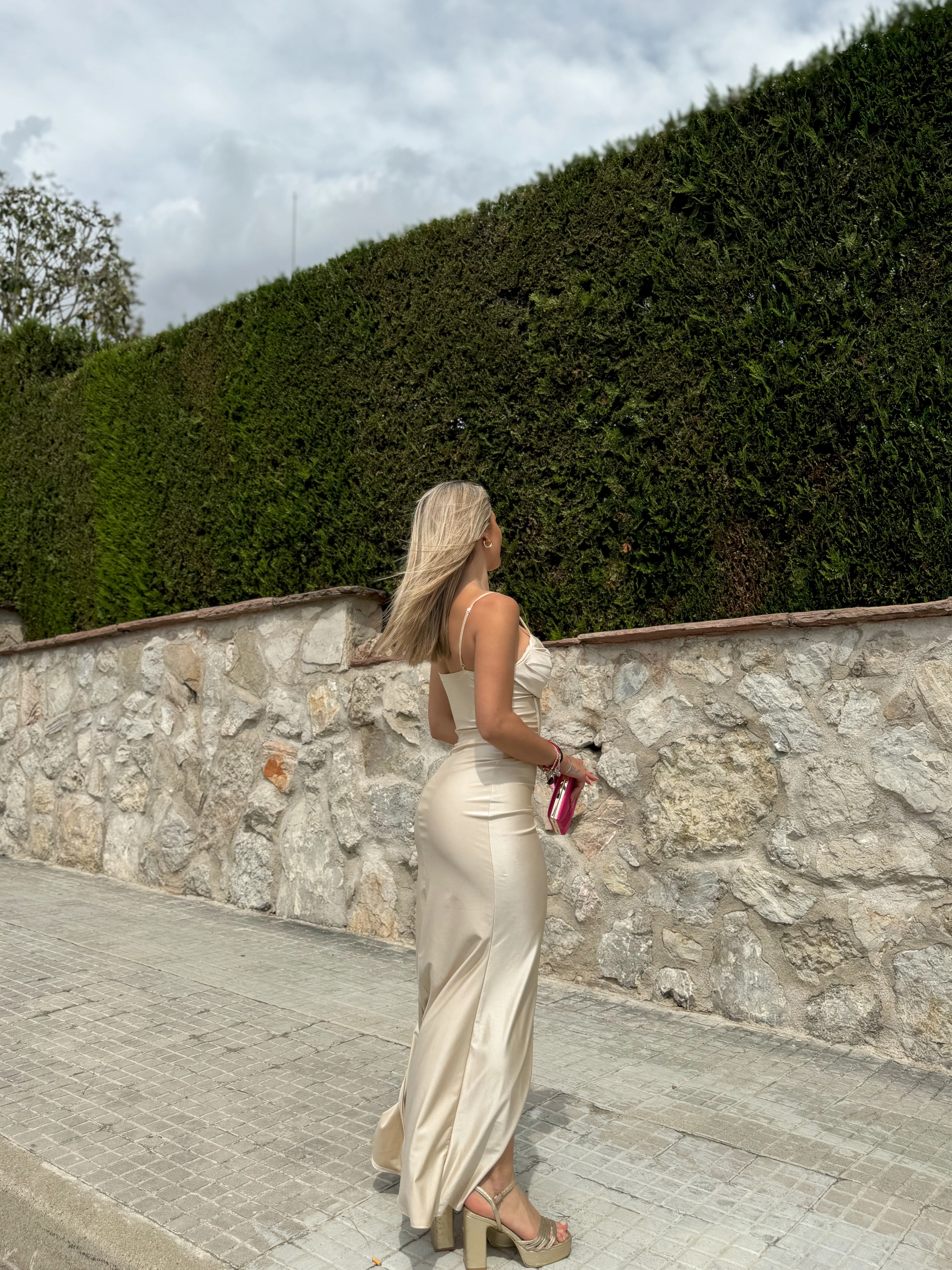 Vestido largo corse satinado beige - Image 4