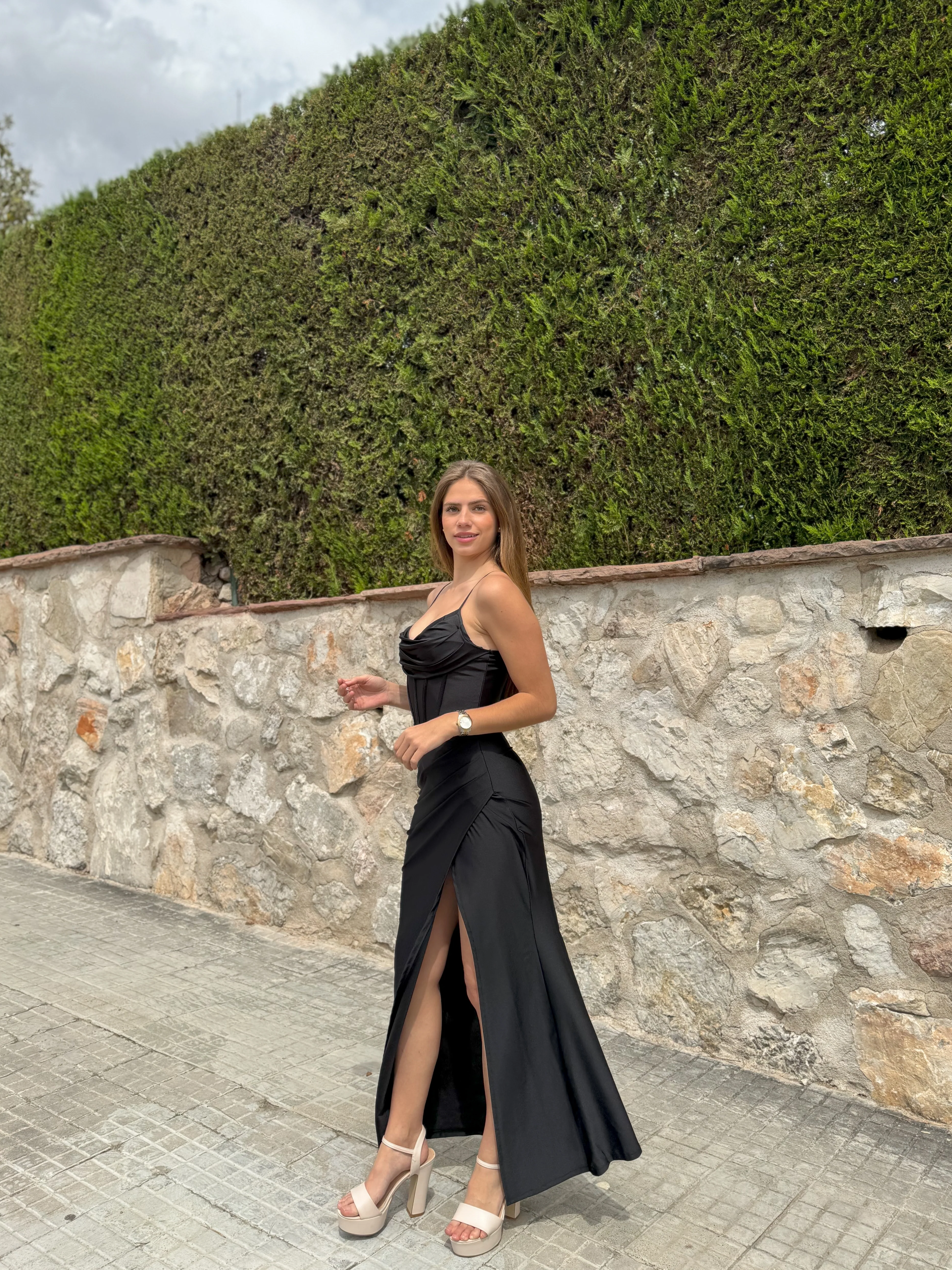 Vestido largo corse satinado negro - Image 5