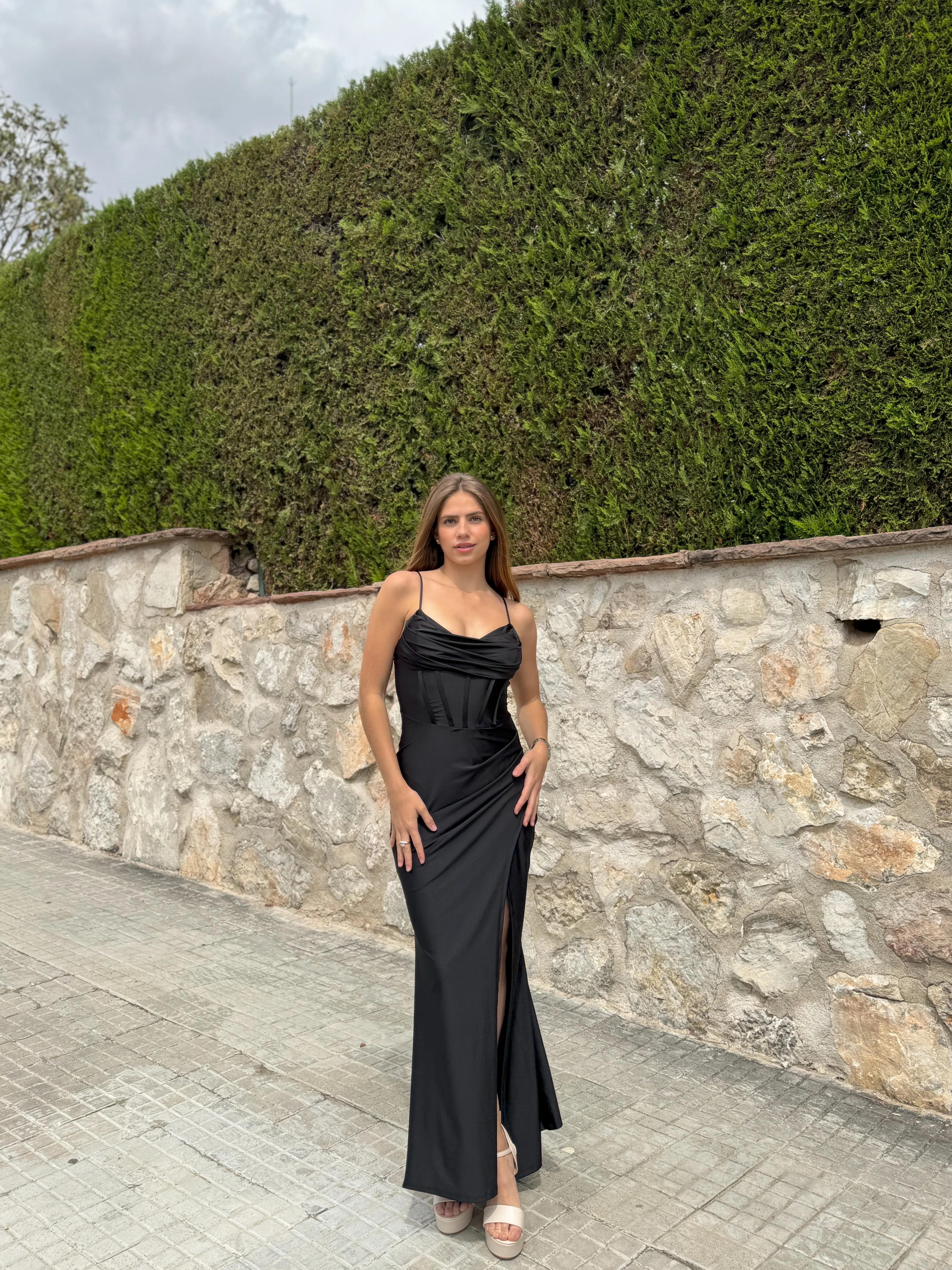 Vestido largo corse satinado negro - Image 7