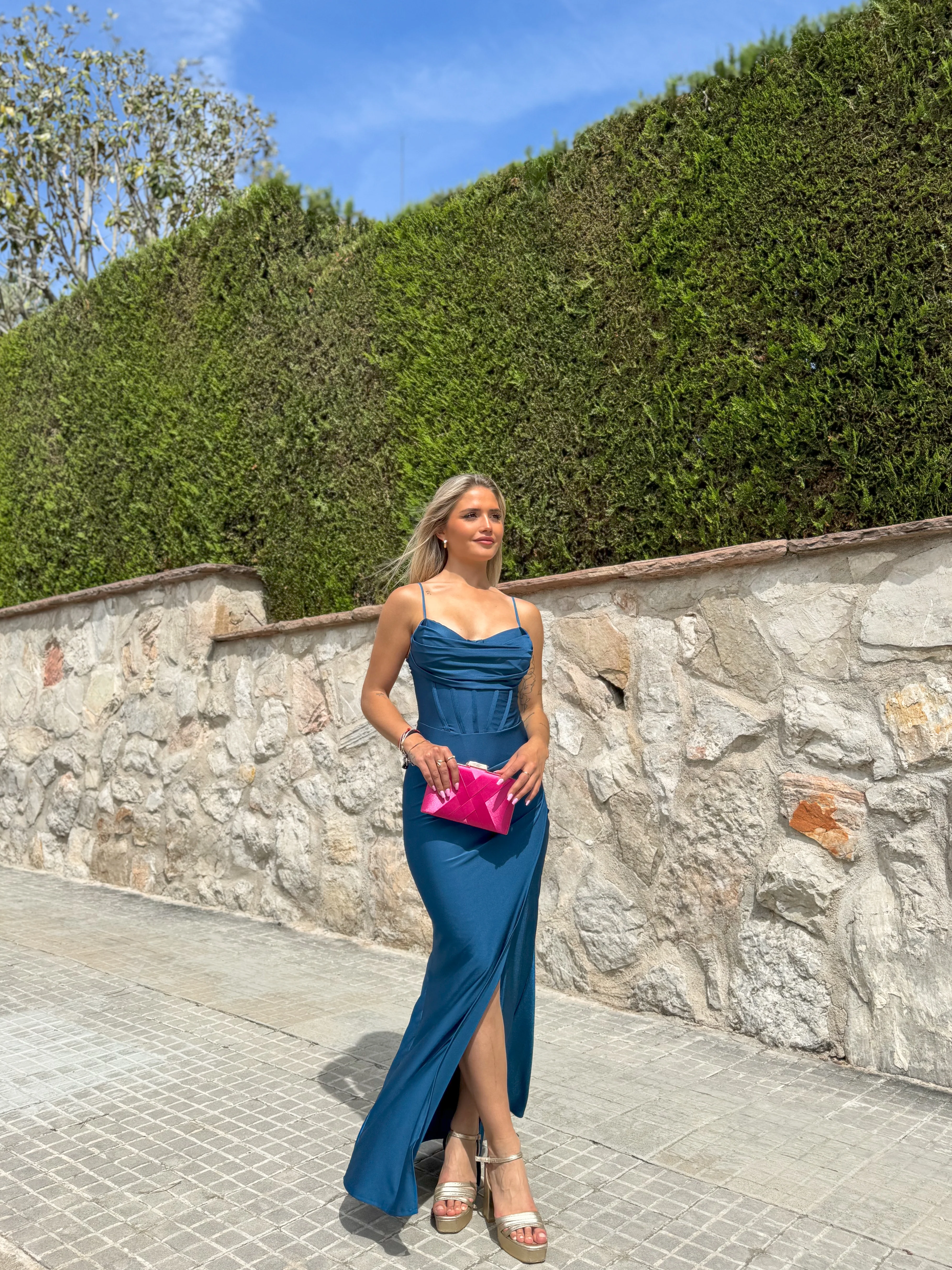 Vestido largo corse satinado petróleo - Image 6