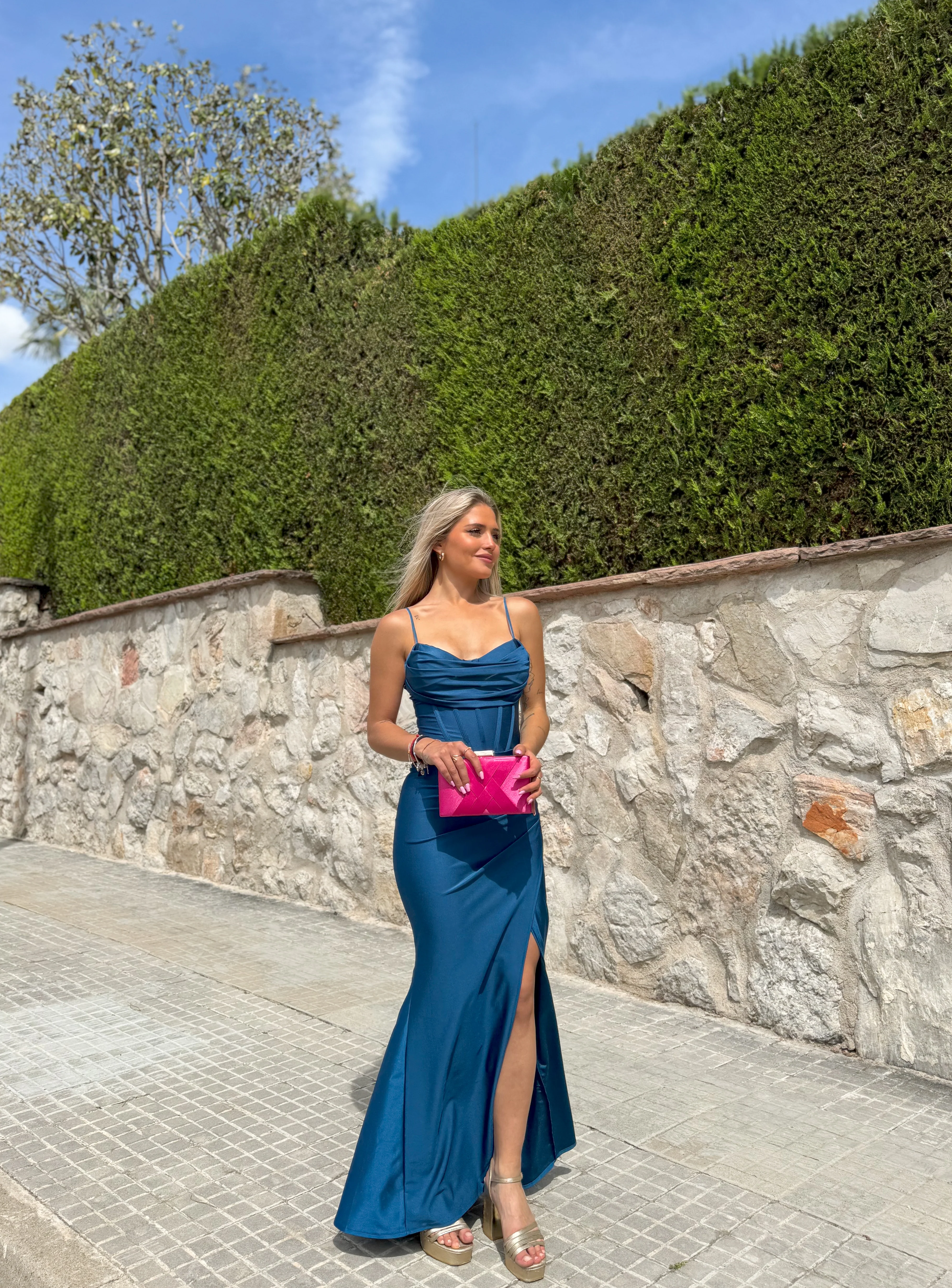 Vestido largo corse satinado petróleo - Image 7