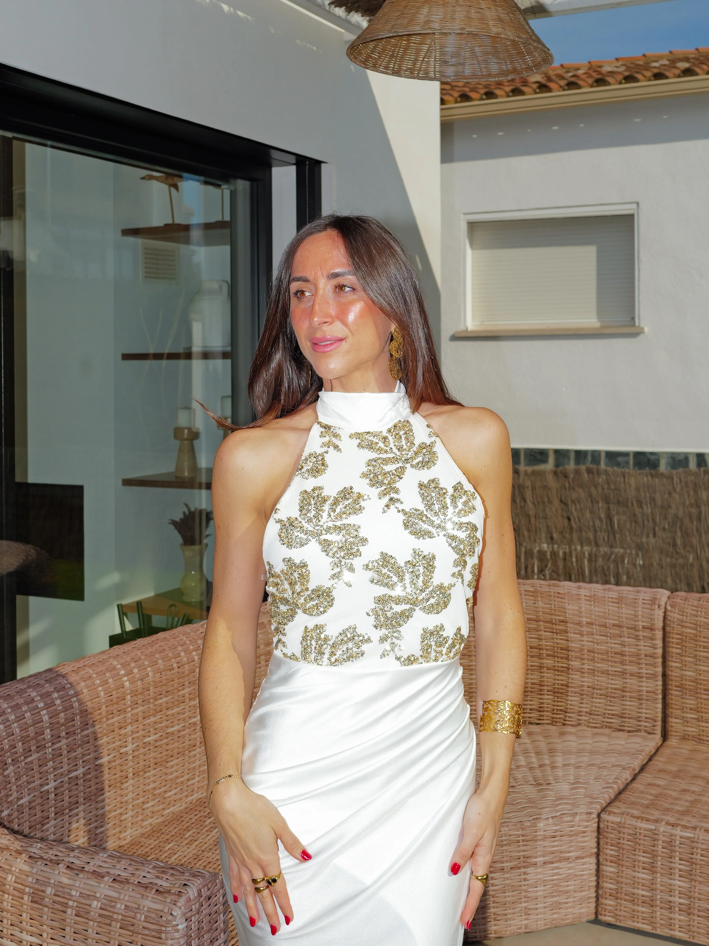Vestido largo detalles choker halter crema - Image 10