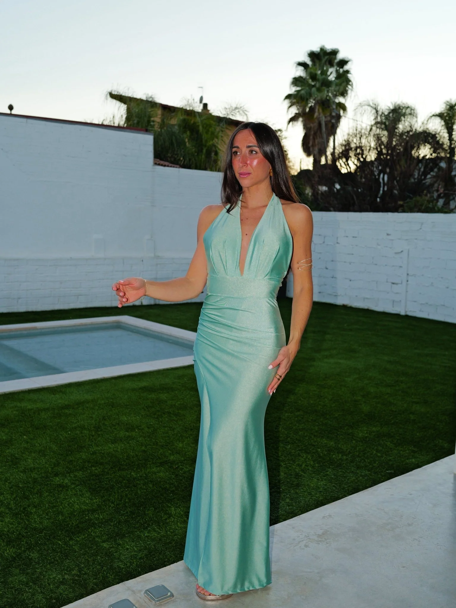 Vestido pico lazo drapeado menta - Image 8