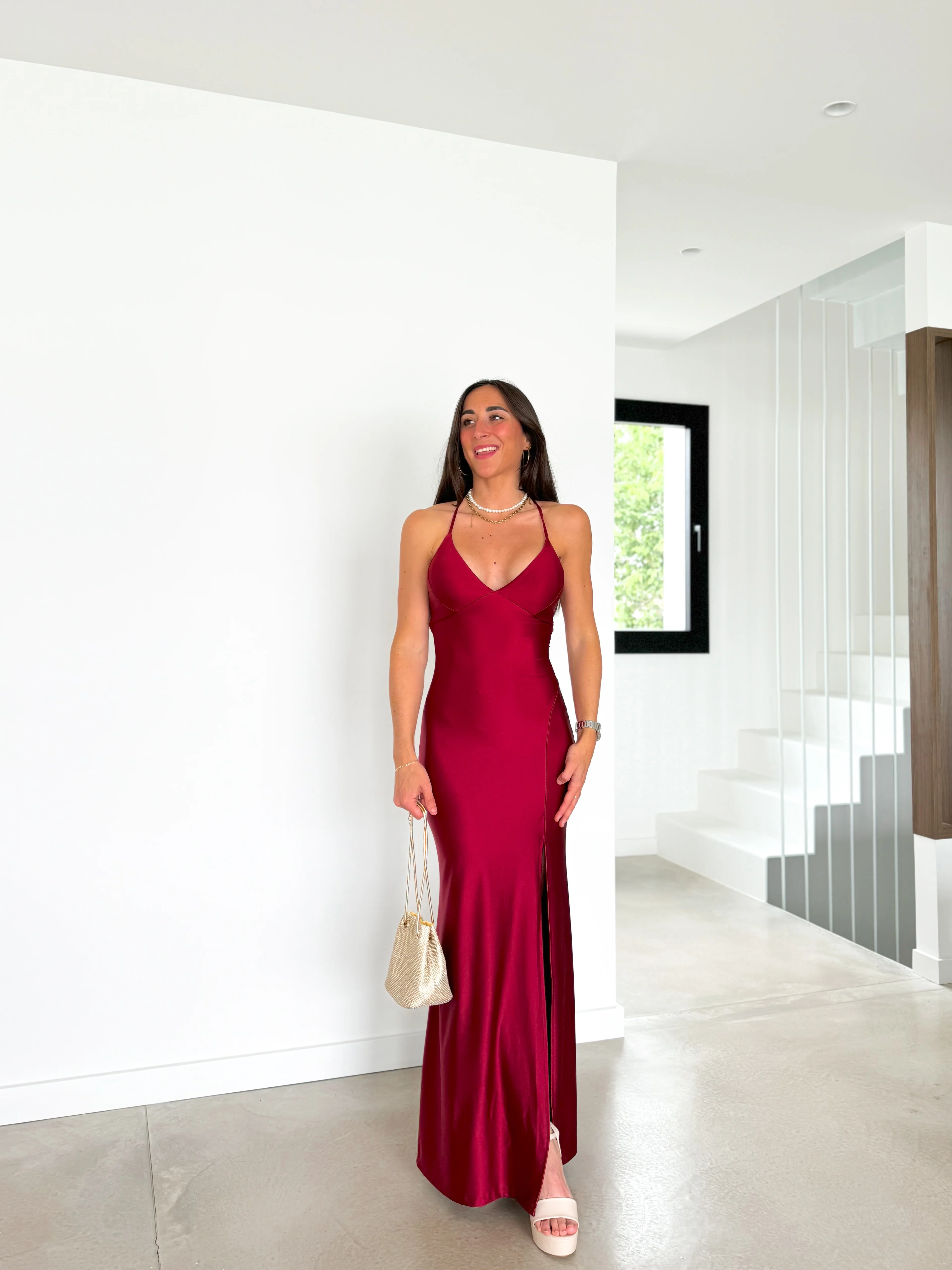 Vestido pico satin entrelazado burdeos - Image 8