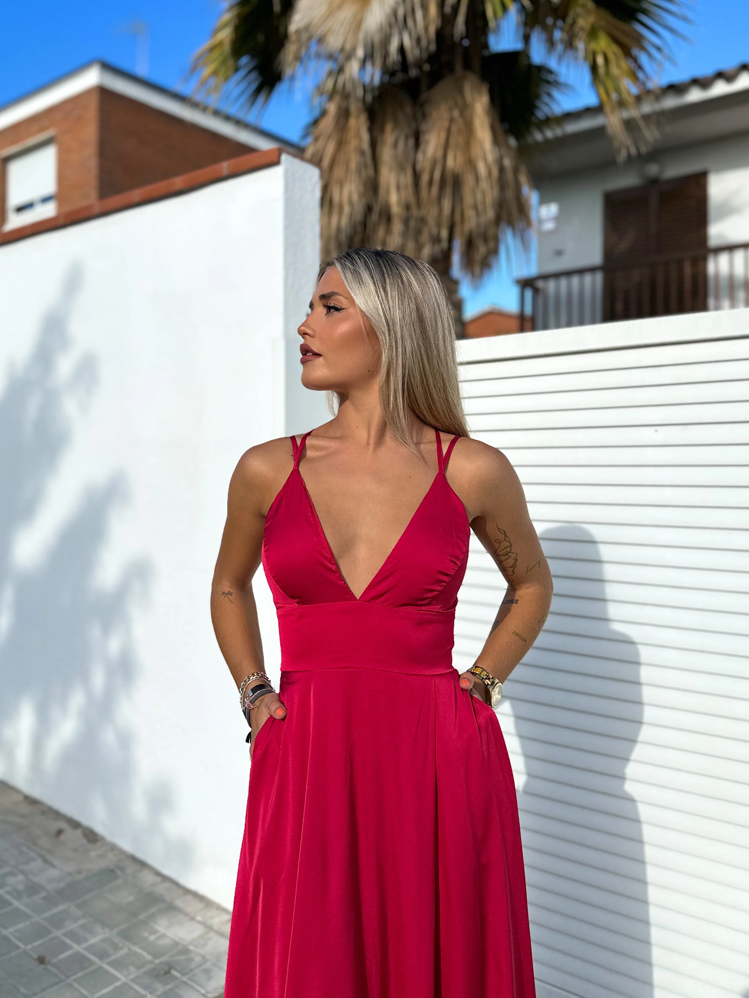Vestido raso entrelazado vino - Image 7