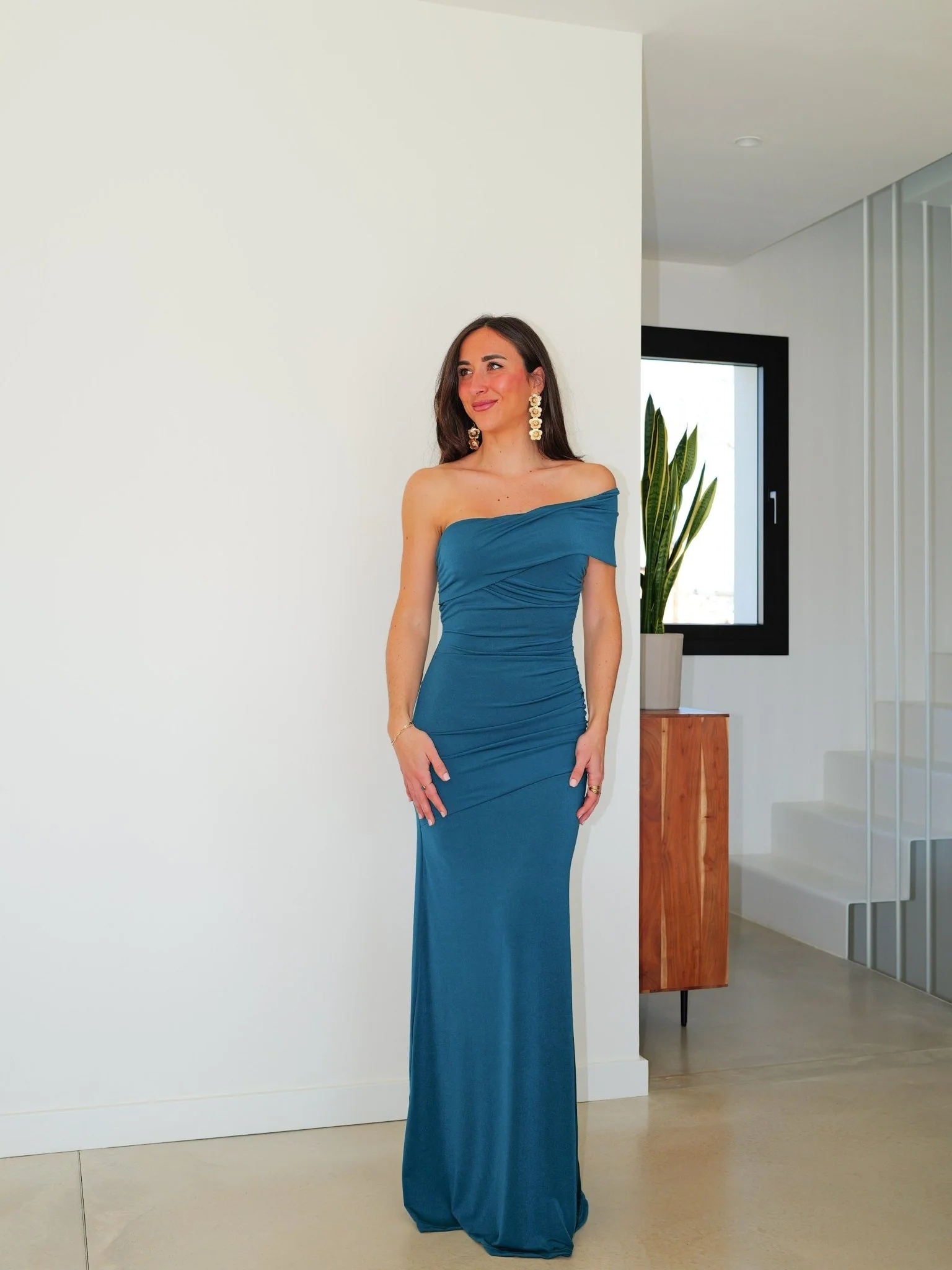 Vestido tirante asimétrico frunce petróleo - Image 3