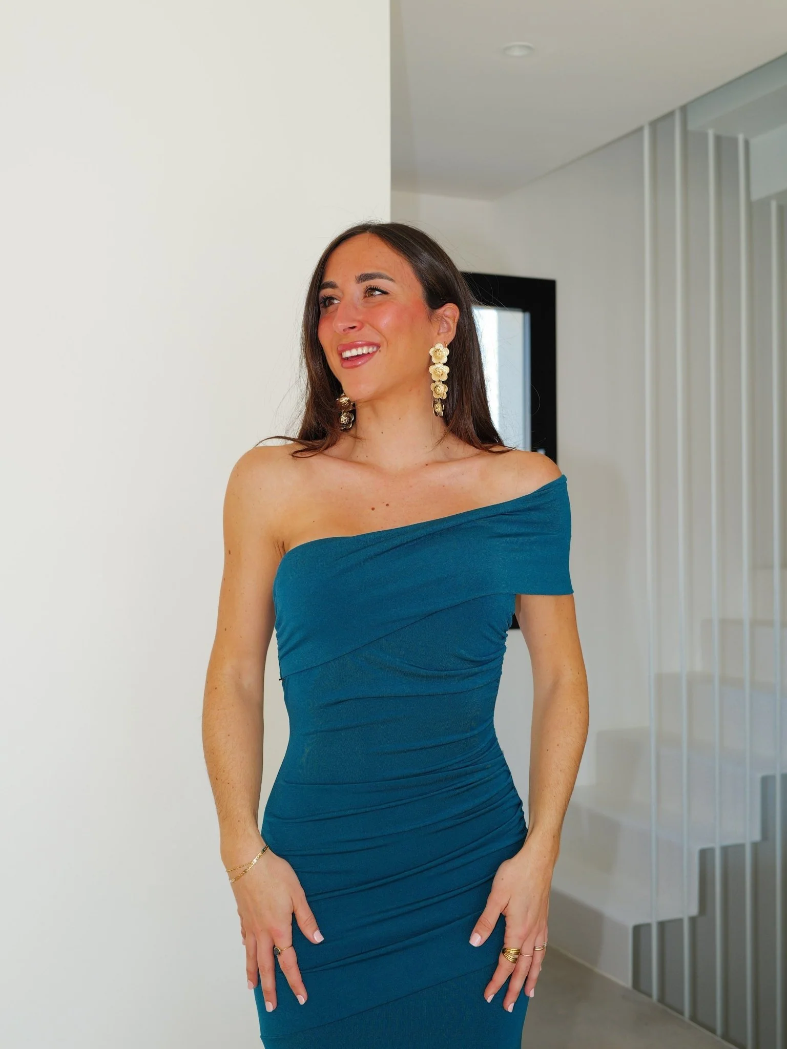 Vestido tirante asimétrico frunce petróleo - Image 4