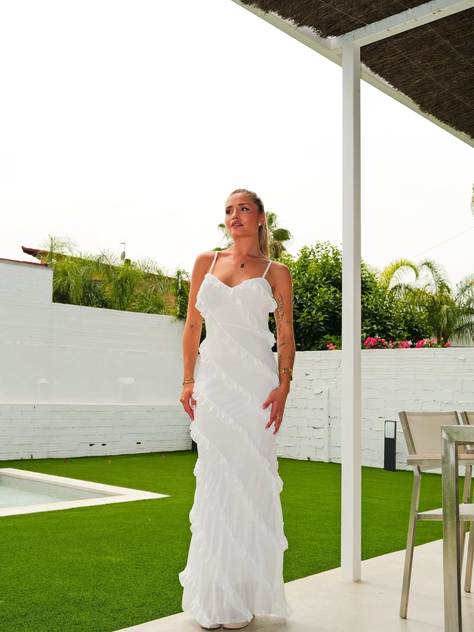 Vestido volantes crepe blanco