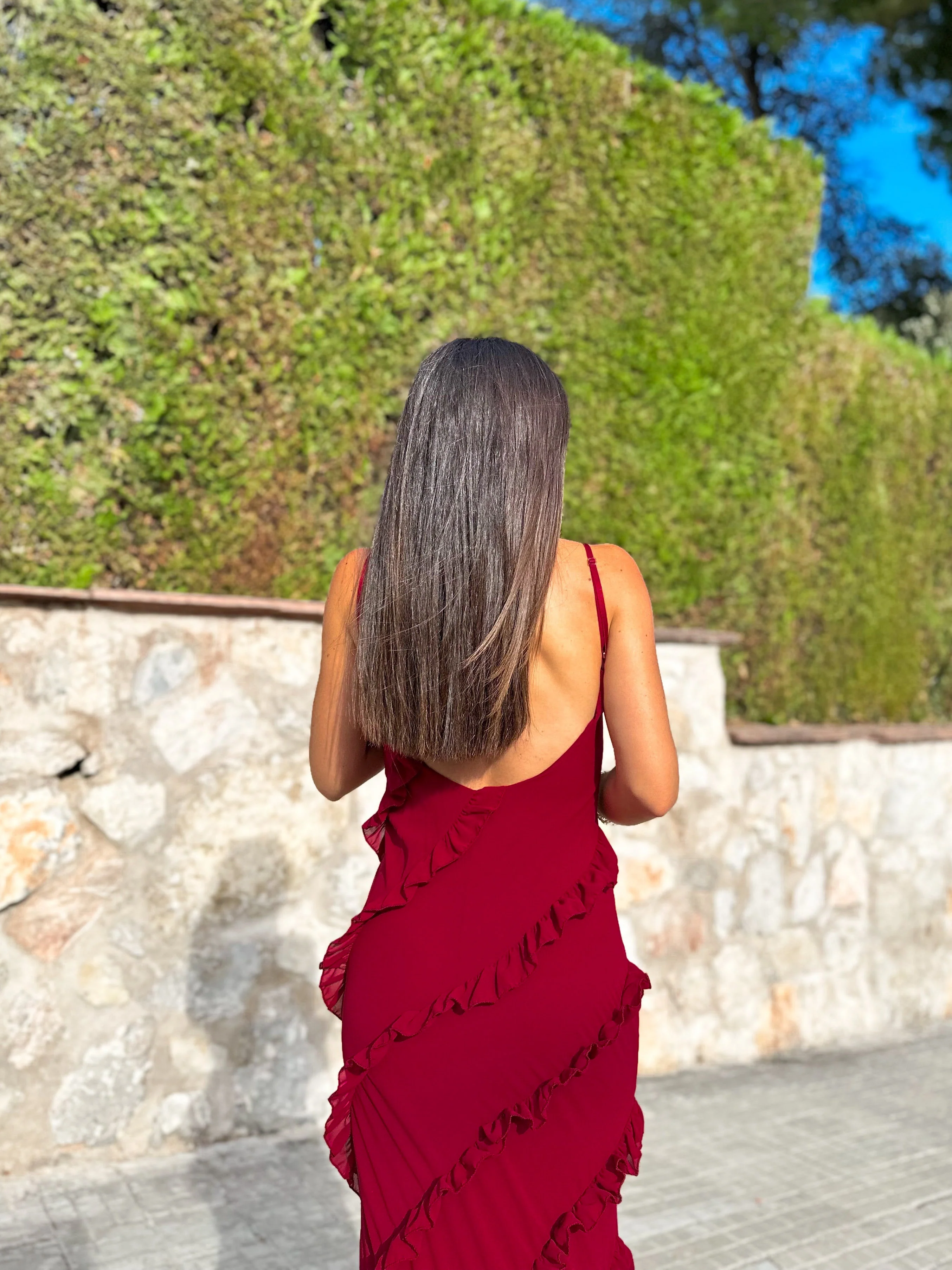Vestido volantes crepe burdeos - Image 6